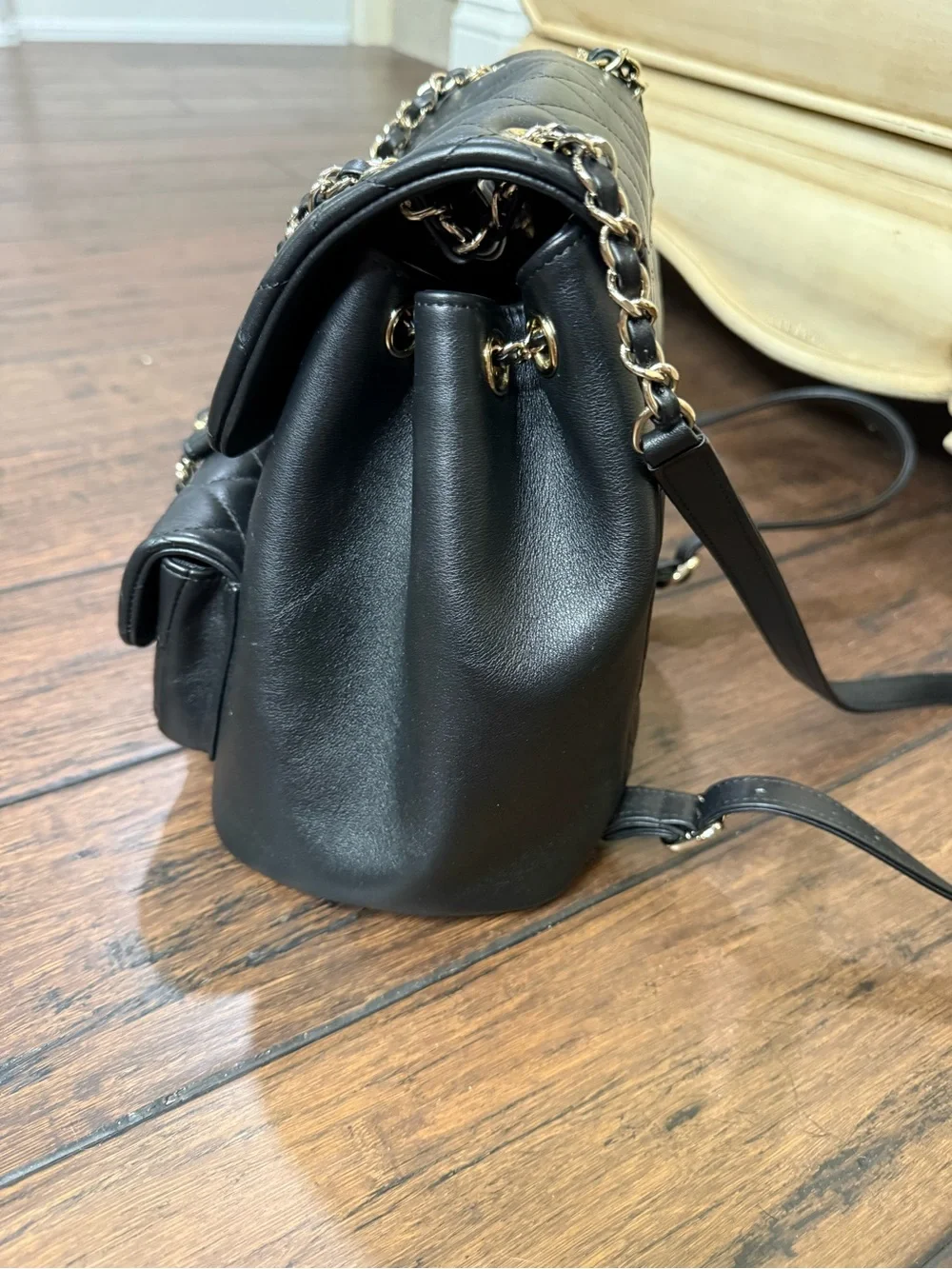 Black Quilted Leather Backpack in with Gold hardware